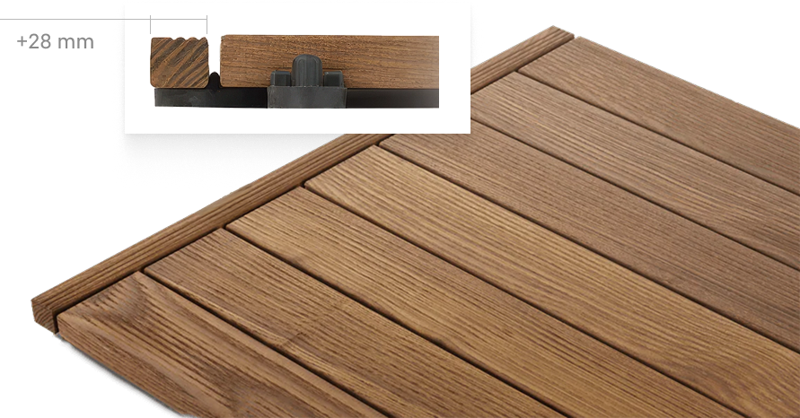 (paczka, fragment ułożenia, detal) Paczka GUMI WOOD — detal deski drewnianej z łącznikiem kauczukowym i listwą L7