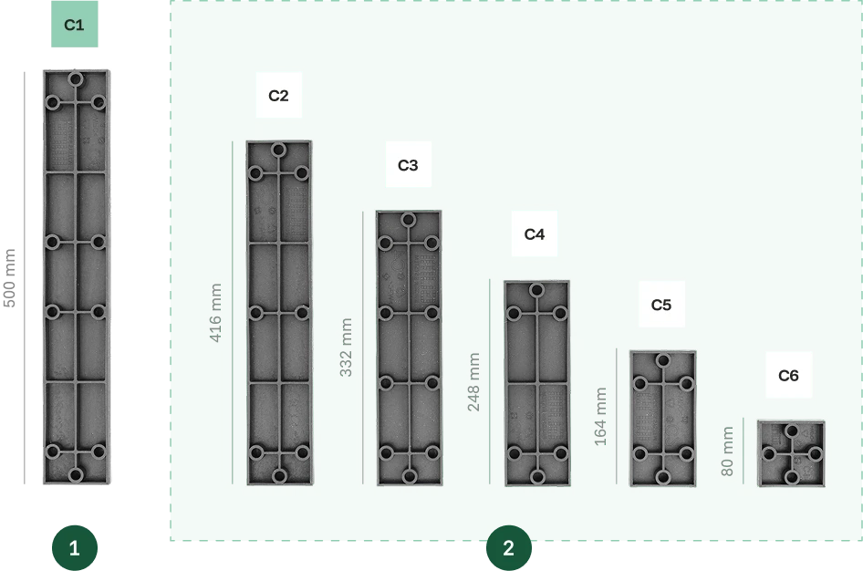 Schemat techniczny desek GUMI WPC w modułowych długościach C1-C6 z wymiarami