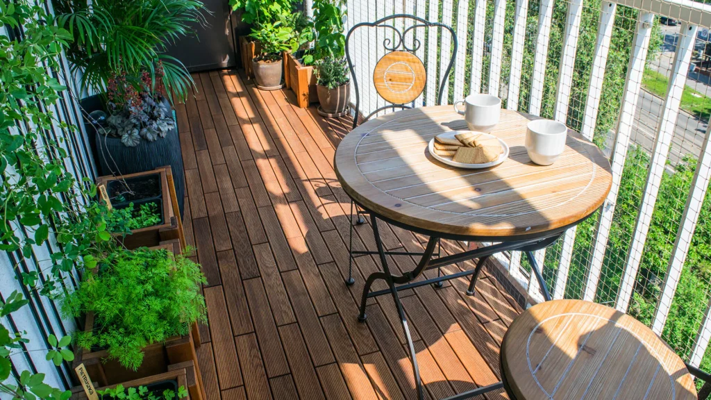 Taras/balkon GUMI z drewnianymi deskami w układzie cegiełka, stolik, krzesło i rośliny